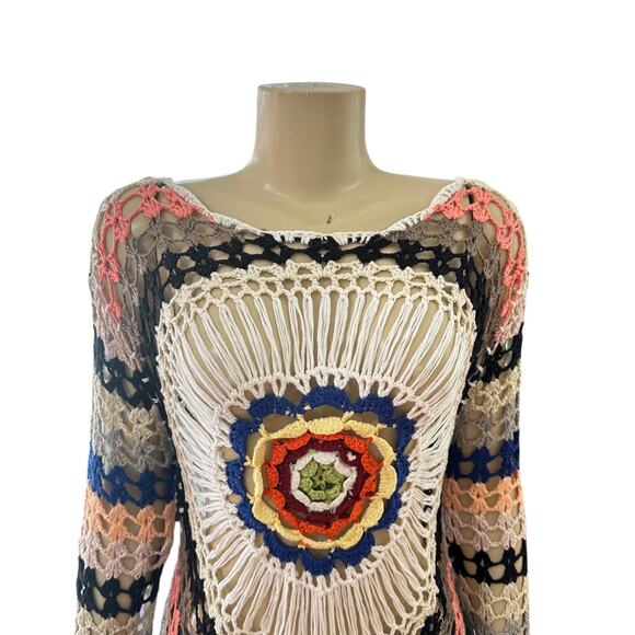 Womens Coquette Crochet Open Knitted Top Size S/M Boho Festival Hippie Earthy - Picture 3 of 13